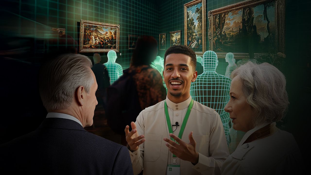 Guide in museum explaining a concept to an older couple
