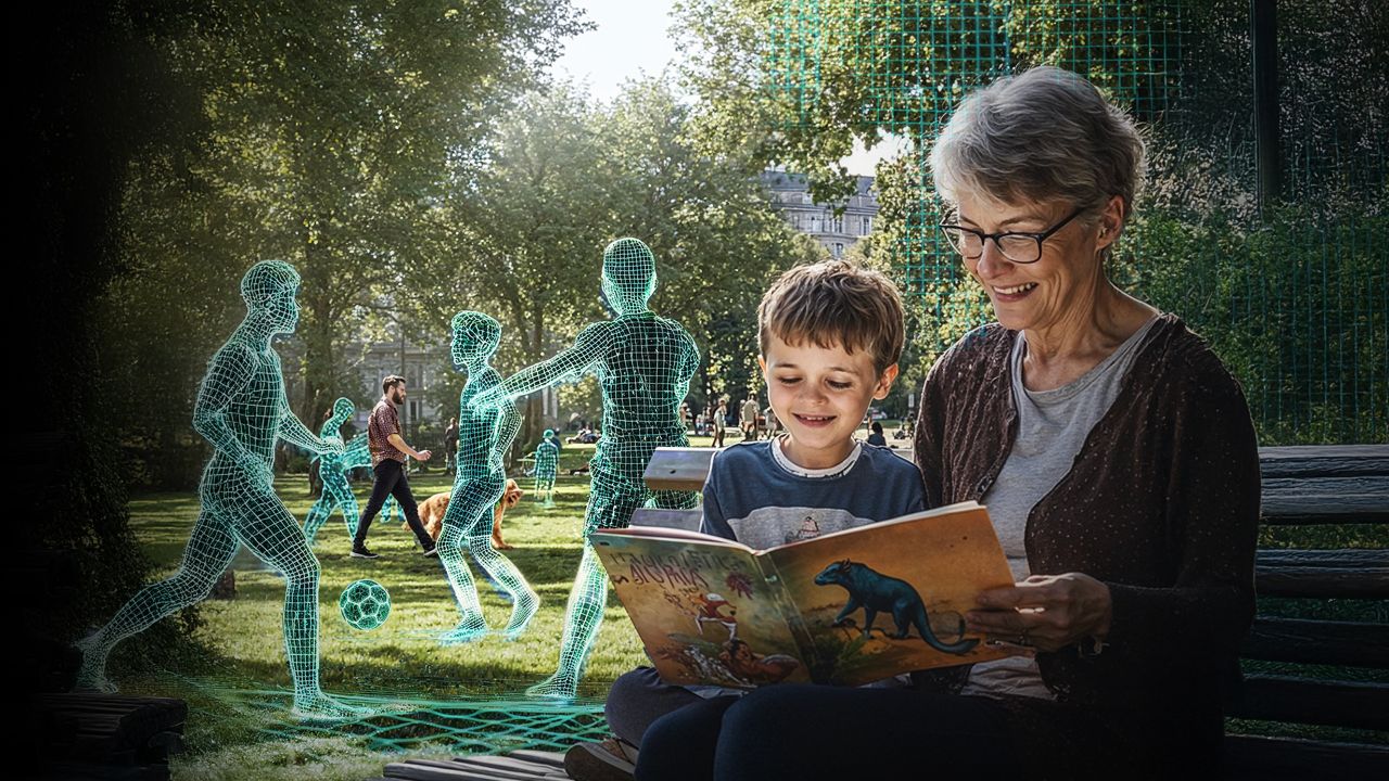 Older woman in a park reading a book to her grandchild