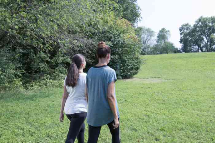 Two people walking on the meadow