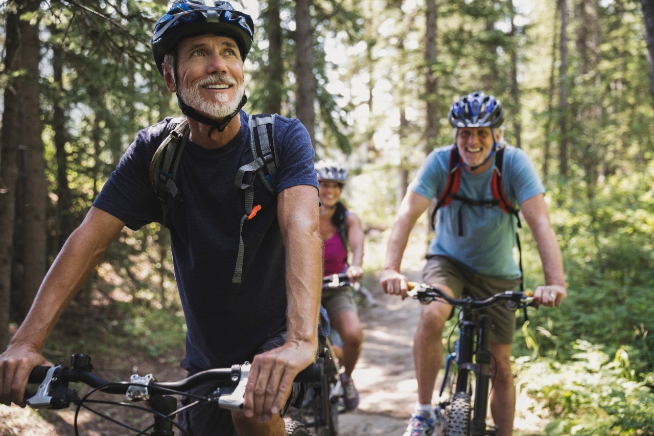 group of people bike riding through the forest