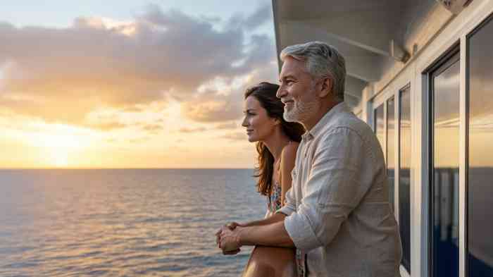 couple on cruise ship looking out at the ocean