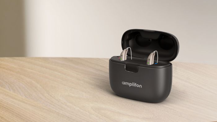 Amplifon Rechargeable Hearing AIds in their charger
